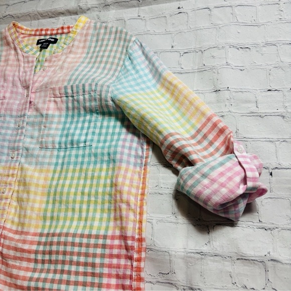 Lands End Women’s Petite M Pastel Patchwork Gingham Plaid Linen Rainbow Top - Picture 9 of 11